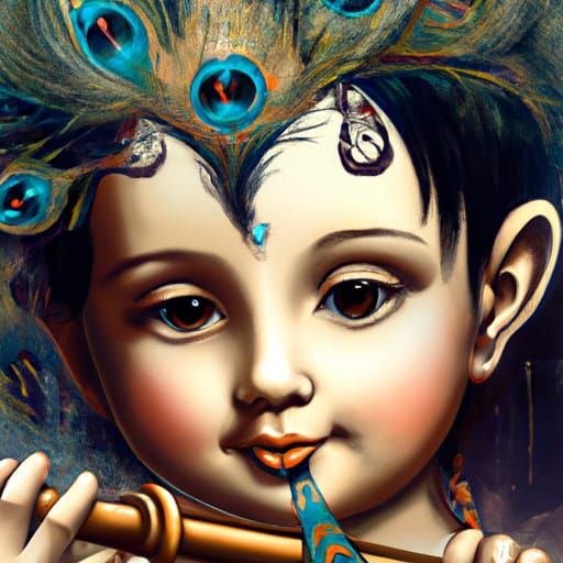 Child playing flute, inspired by Krishna