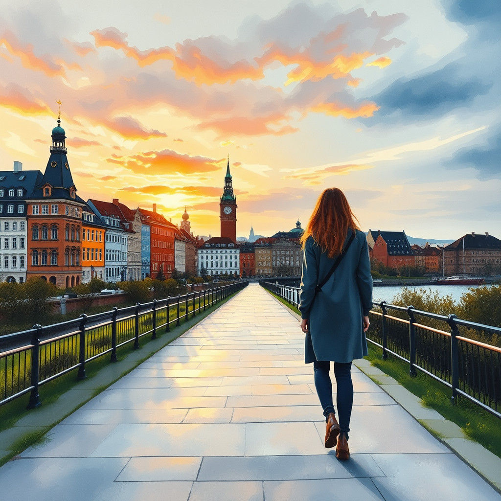 Copenhagen Skyline with Scandinavian Woman in Gouache Style