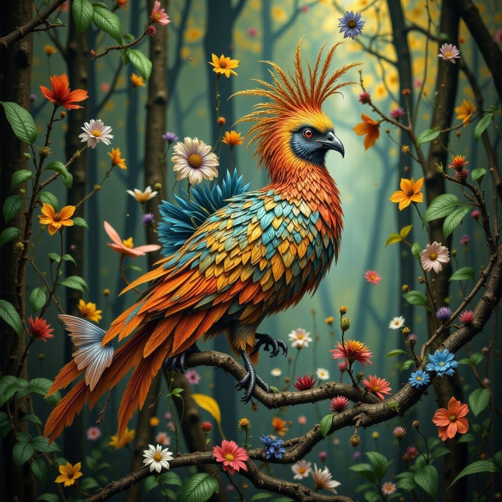 Dove Chained in Cage, Vibrant Deco Surreal Style