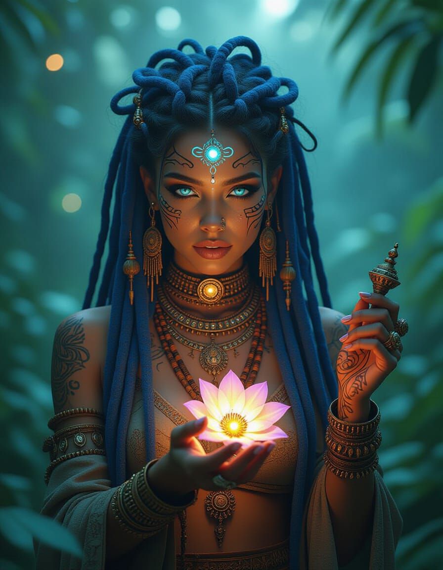 Alien Woman with Bioluminescent Jungle, Ethereal Lighting