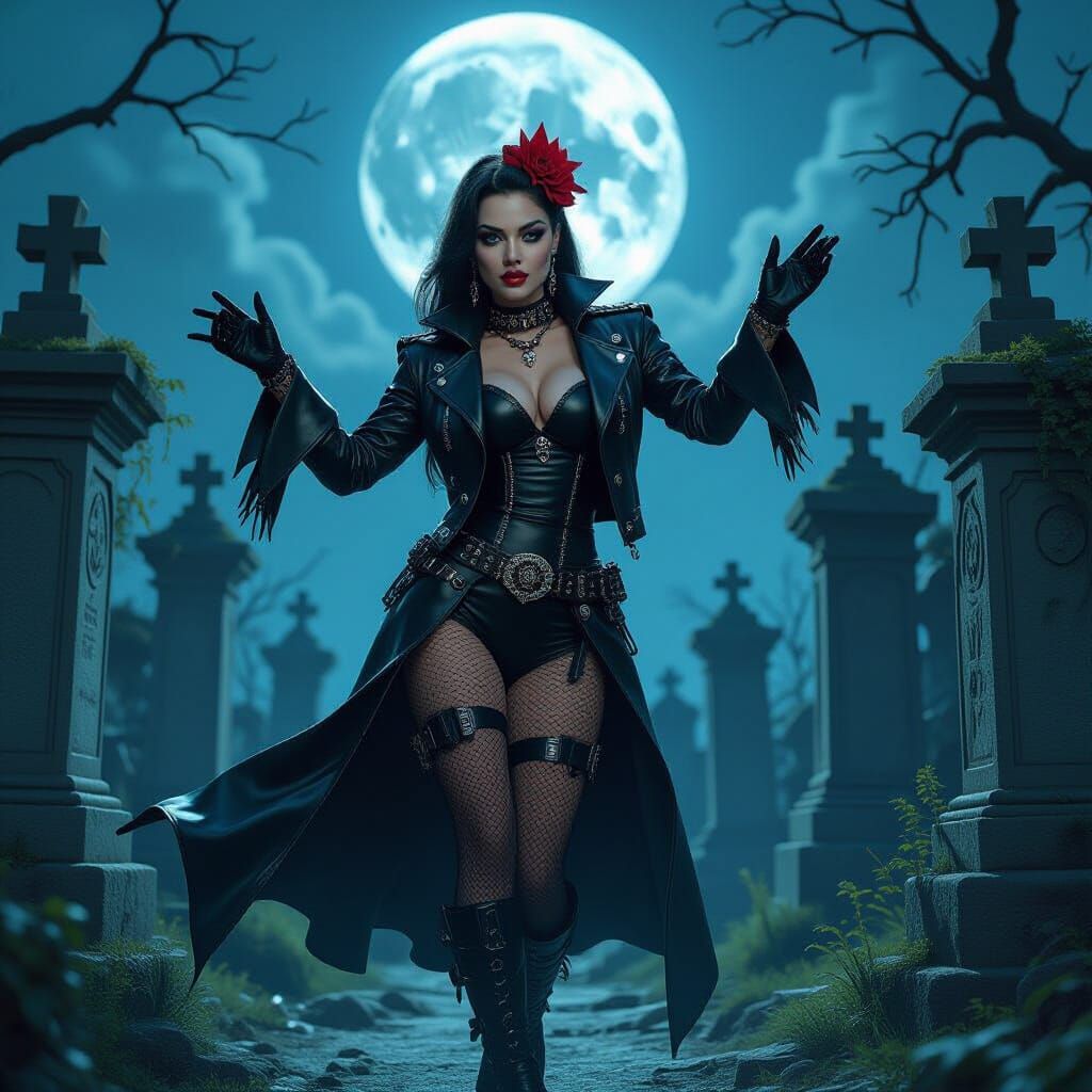 Rockabilly Cyborg Vampire Queen Dancing in Graveyard