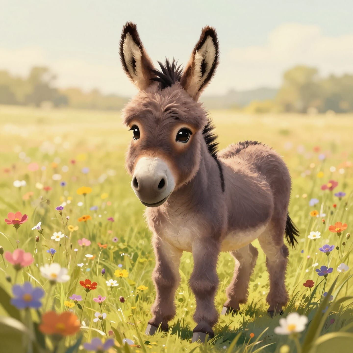 Cute Donkey in Sunlit Meadow Children's Illustration Style