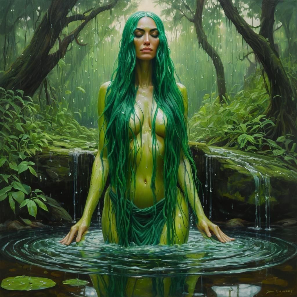 Ethereal Dryad with Flowing Emerald Hair