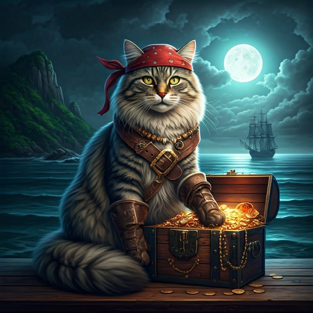 Pirate Cat Guarding Treasure: Fantasy Concept Art