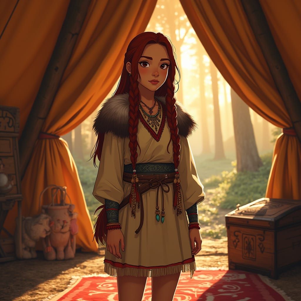Slavic-Native American Woman in Ethereal Dawn Light