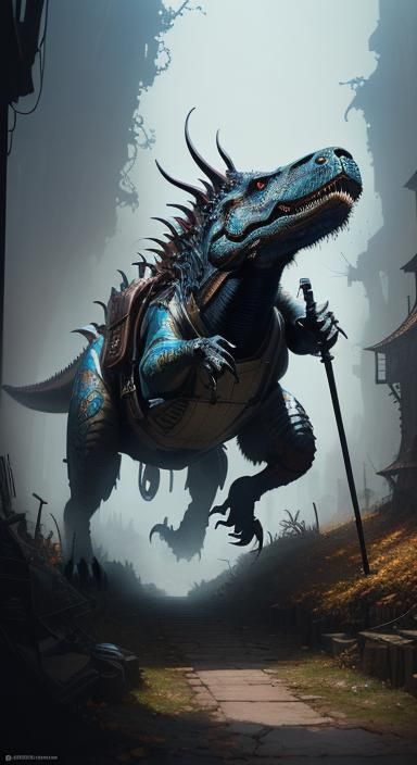 T-Rex Rides Unicycle Through Autumn Fantasy Village