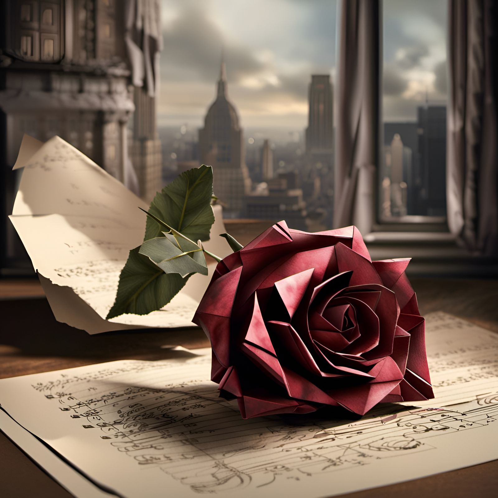 Sad Origami Rose on Note: Detailed Matte Painting