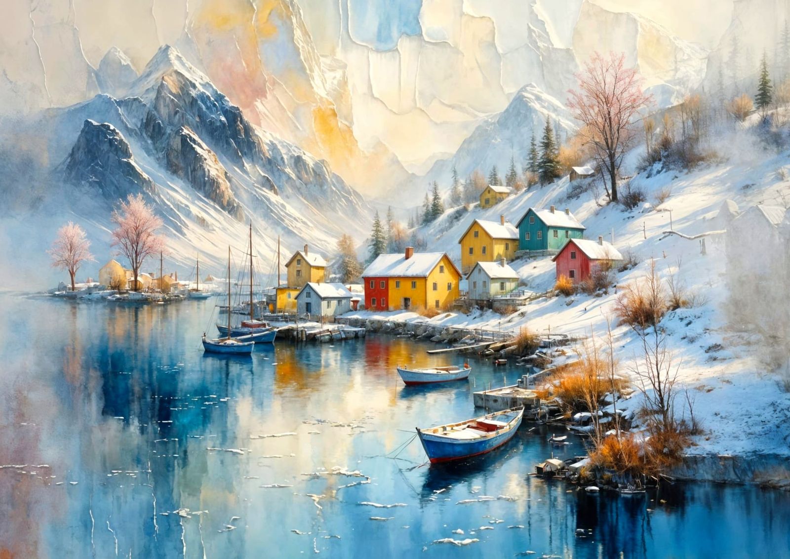 Majestic Snowy Hamlet in Misty Norwegian Coastal Landscape