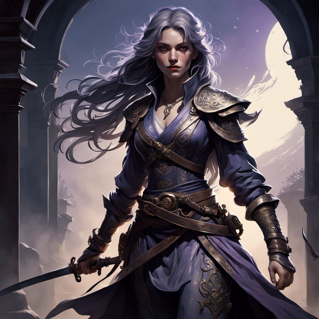 Dark Fantasy Female Assassin in Mystical Alleyway