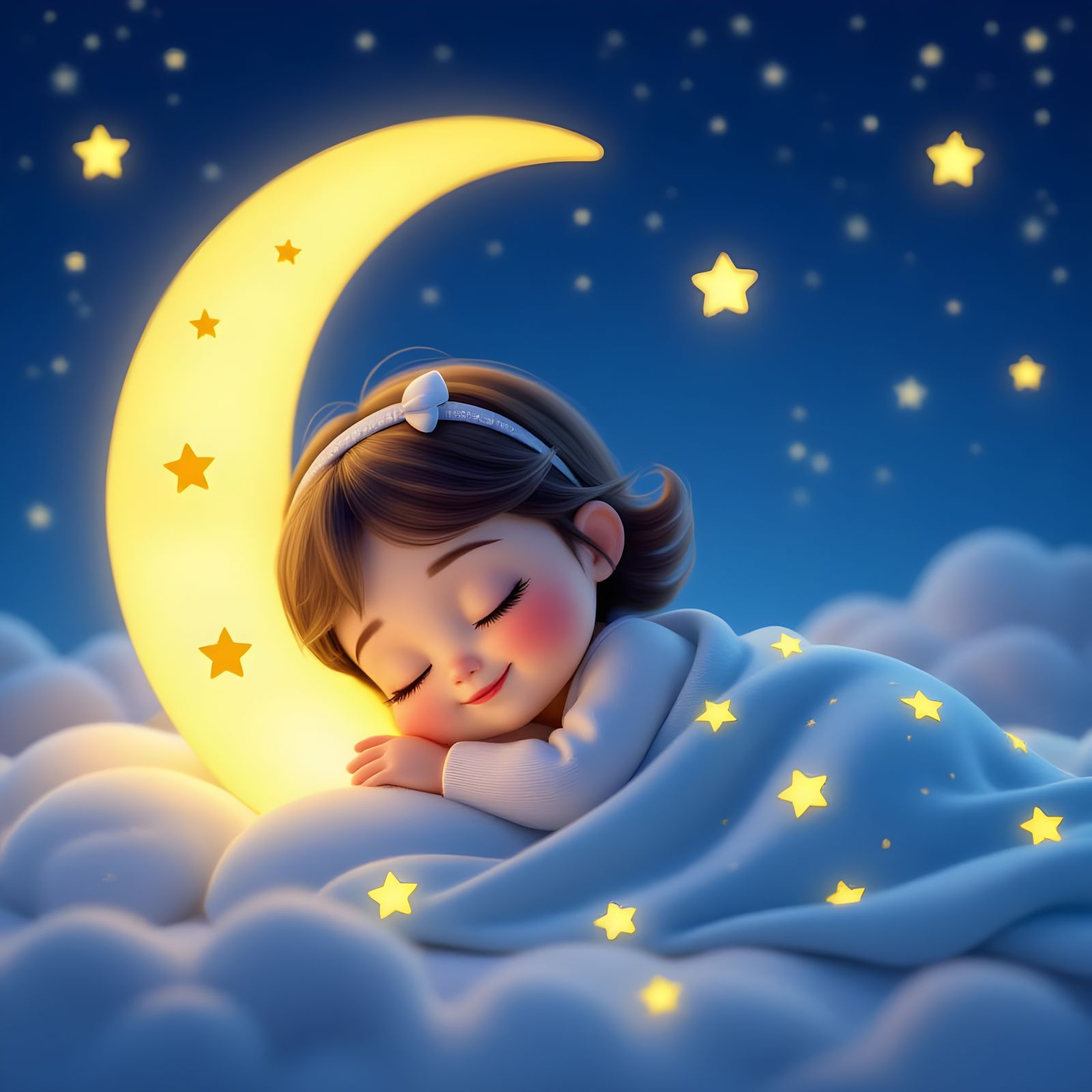 Cute 3D Animated Baby Girl Sleeps Under Magical Moon