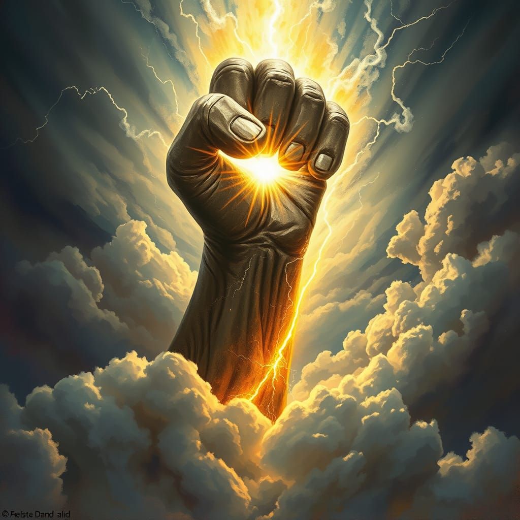 Colossal Stone Fist Descends from Stormy Sky