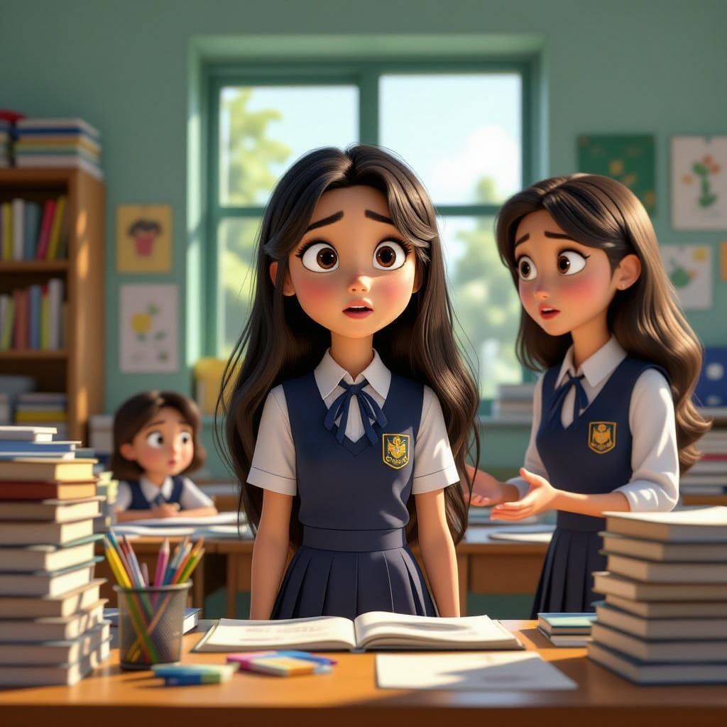 Concerned Girl in Classroom, Cinematic 3D Render