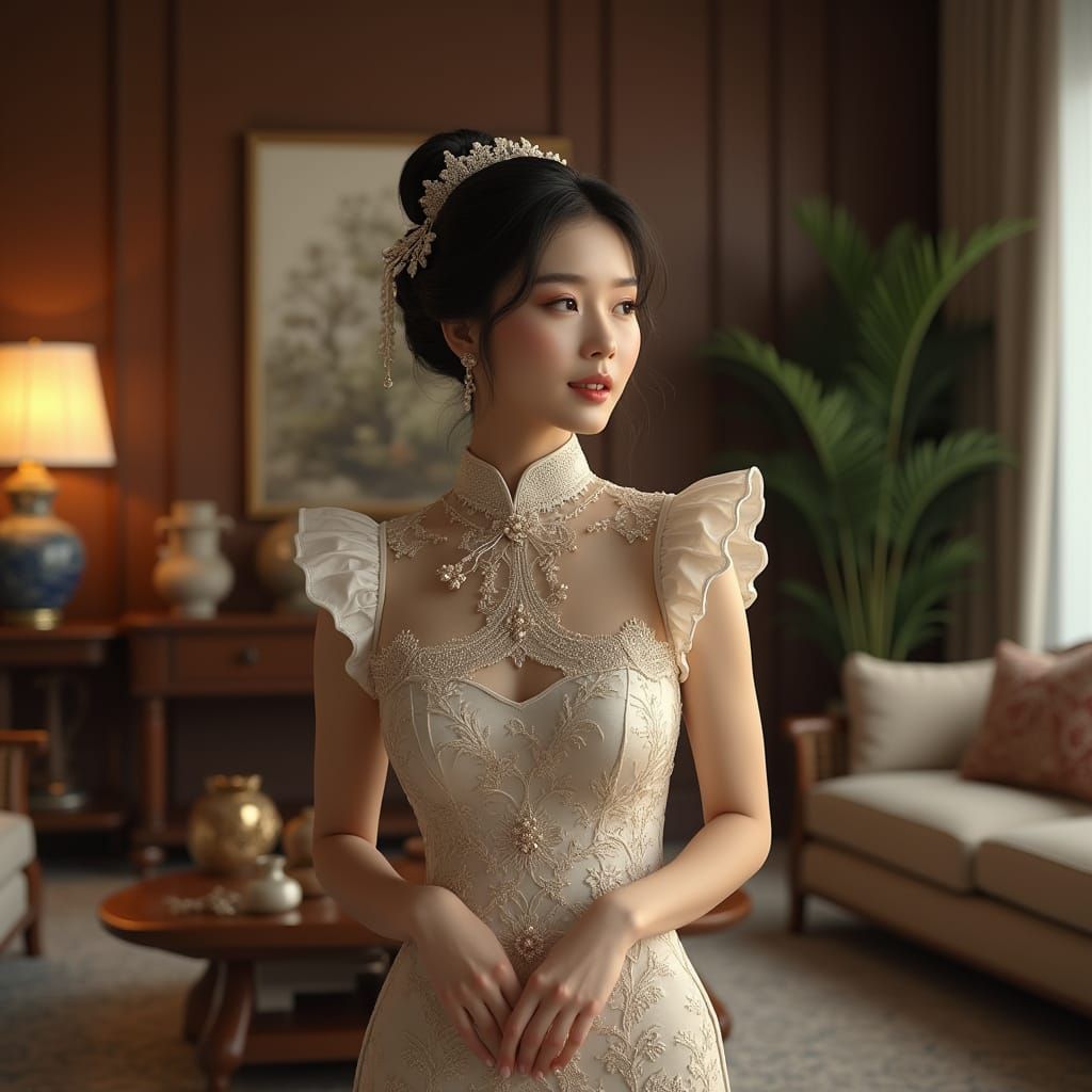 Elegant Chinese Woman in Refined Living Room Attire