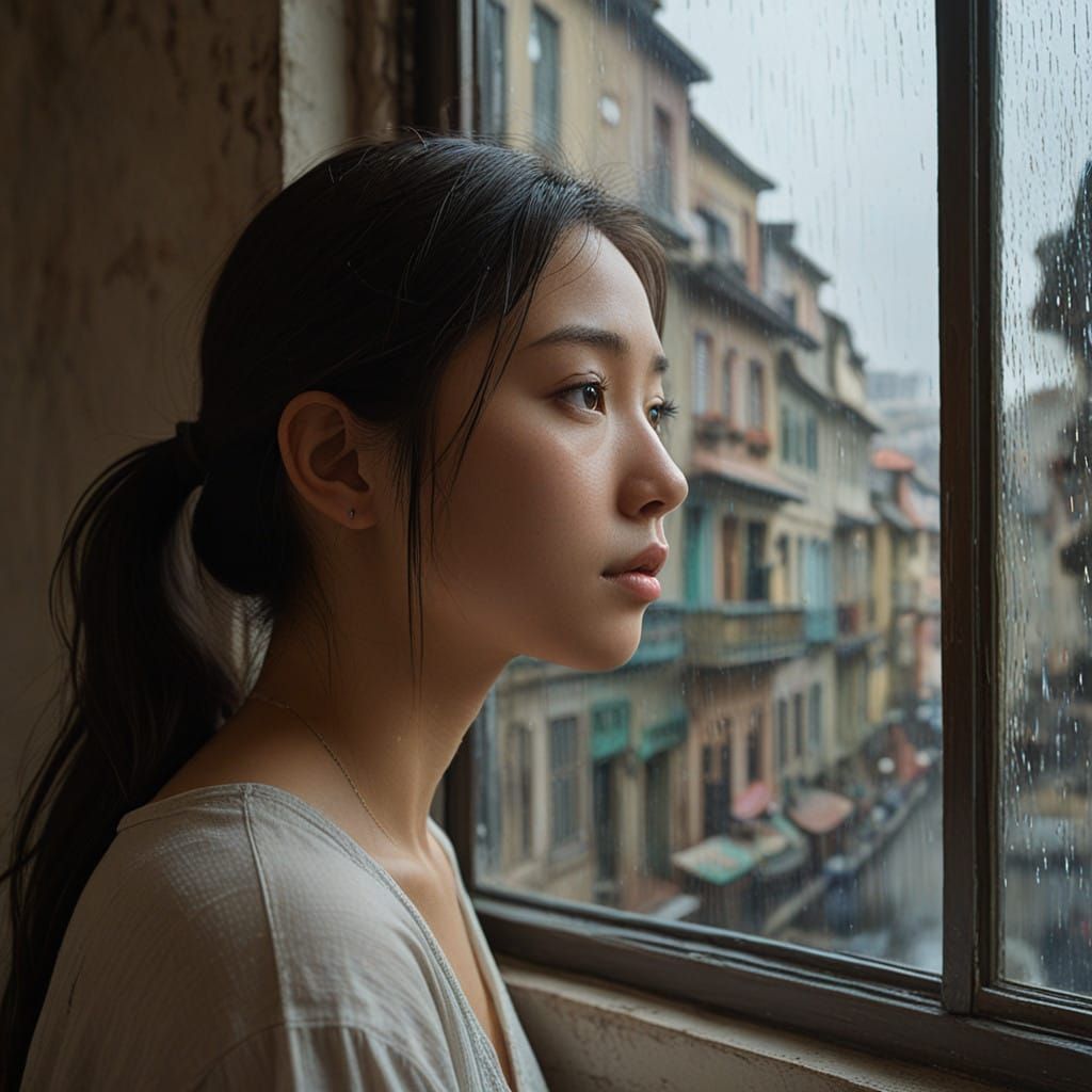 Japanese Teenager Contemplates Rainy Afternoon in Soft, Impr...