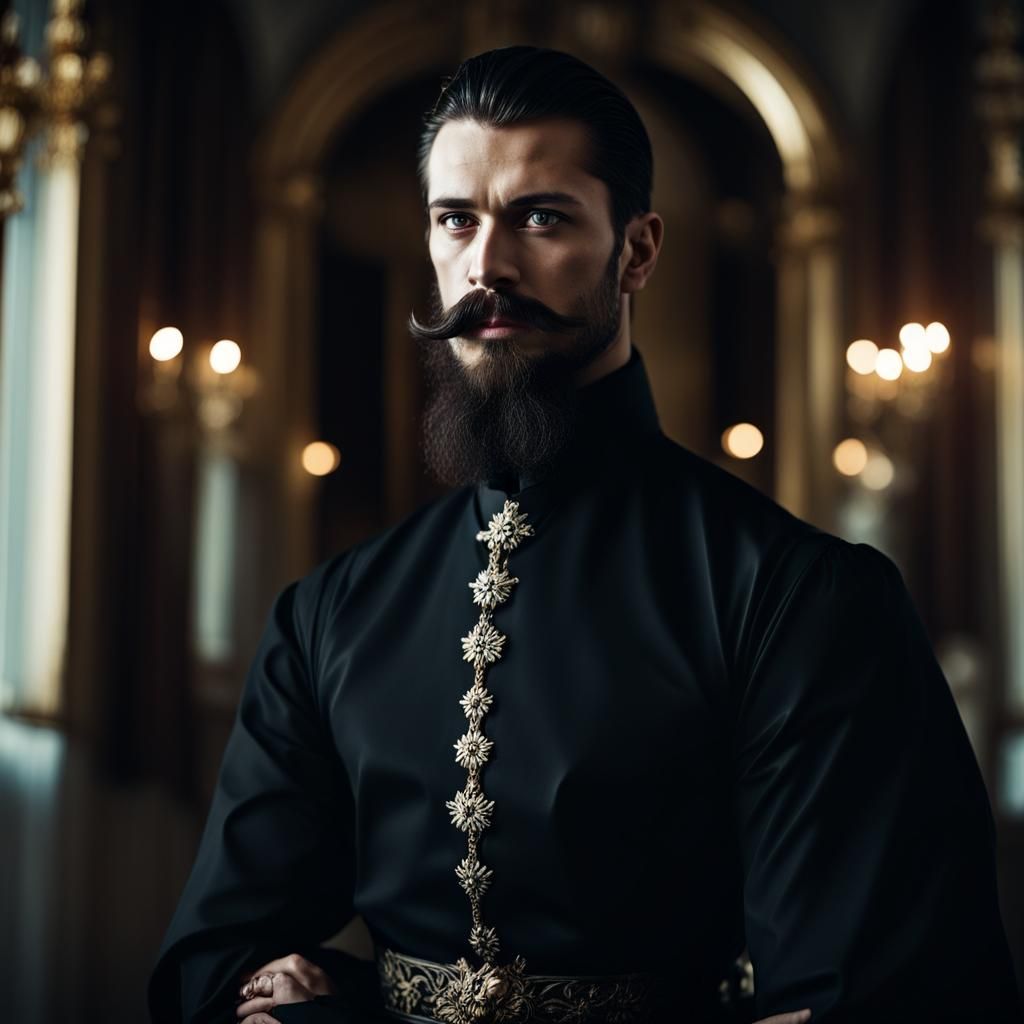 Intense Dark-Eyed Man in Russian Palace