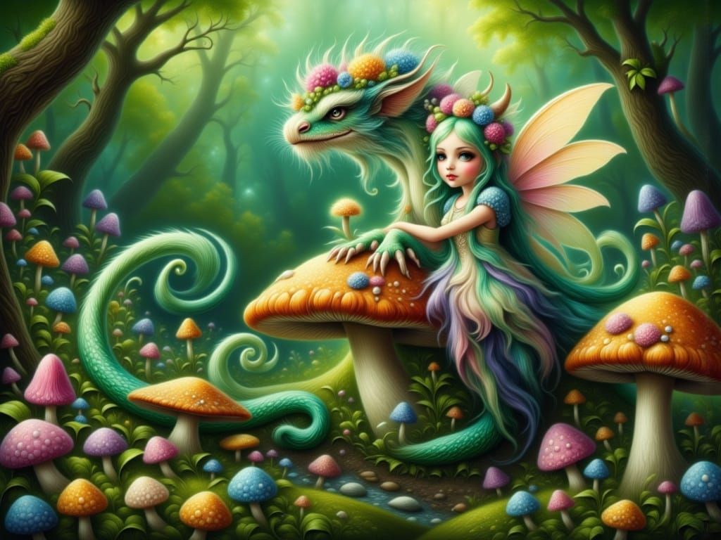 Fairy Feeds Jade Dragon on Giant Mushroom, Realistic Fantasy...