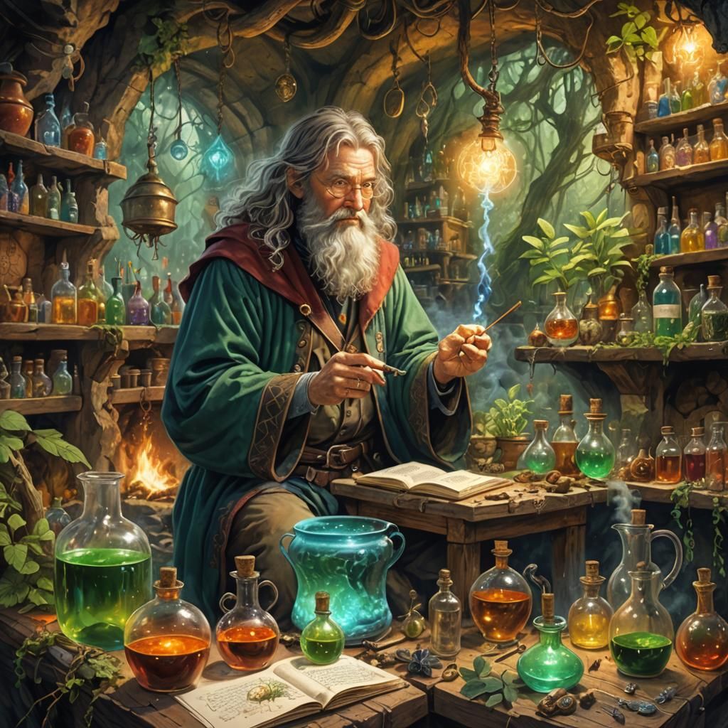 Alchemist Wizard Portrait in Woodland Cave