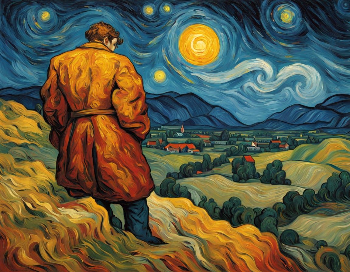 Vibrant Starry Night Landscape in Neo-Expressionist Style