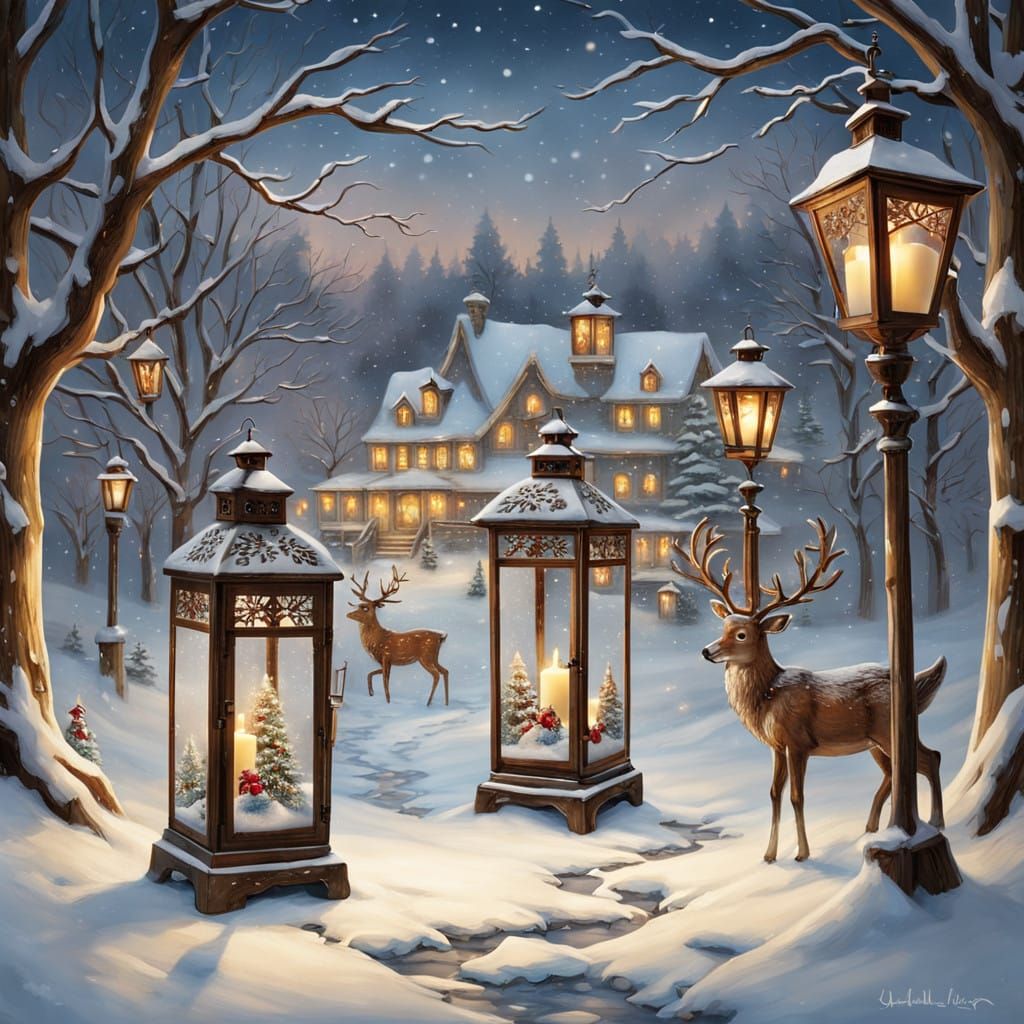 Warm Christmas Scene with Vintage Lanterns and Whimsical Woo...