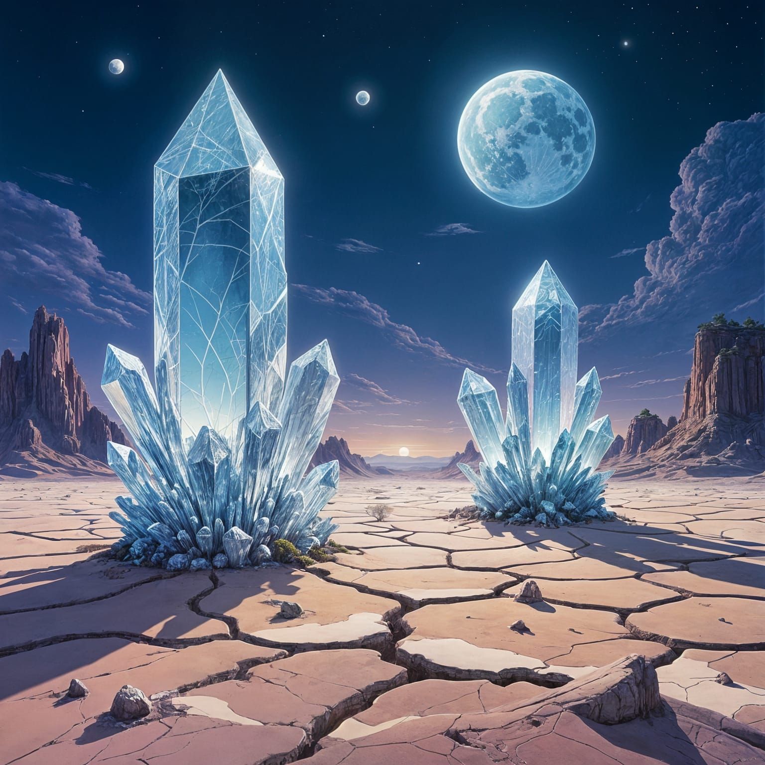 Surreal Crystal Mushrooms in Alien Desert Landscape