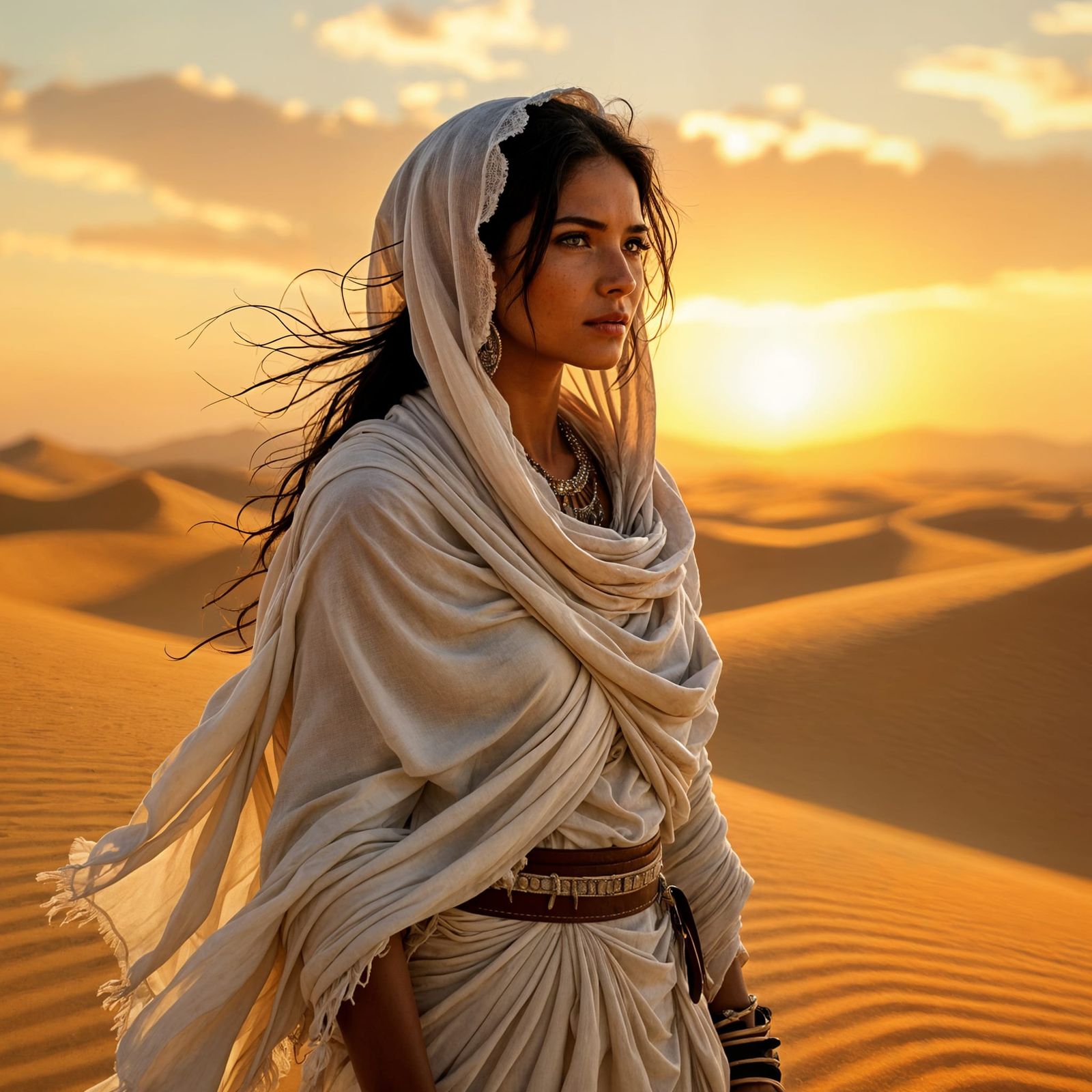 Tribal Woman in Desert Wears Tattered White Rags