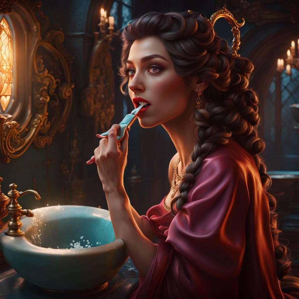 Girl Brushing Teeth in Detailed Matte Painting