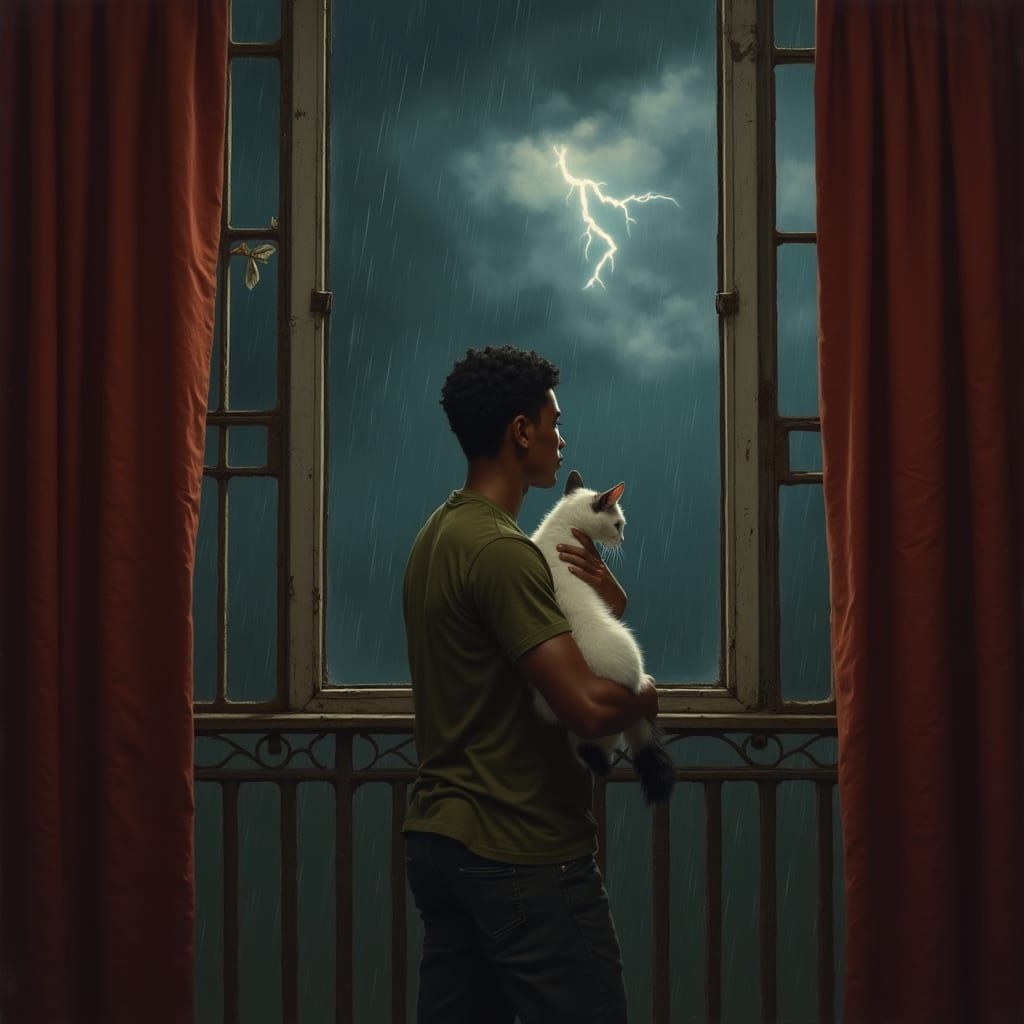Serene Young Man with Cat Amidst Turbulent Night