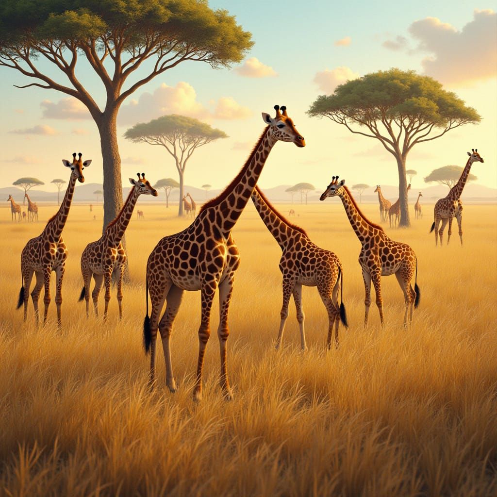 Giraffes Roam the Golden Savannah in Photorealistic Detail