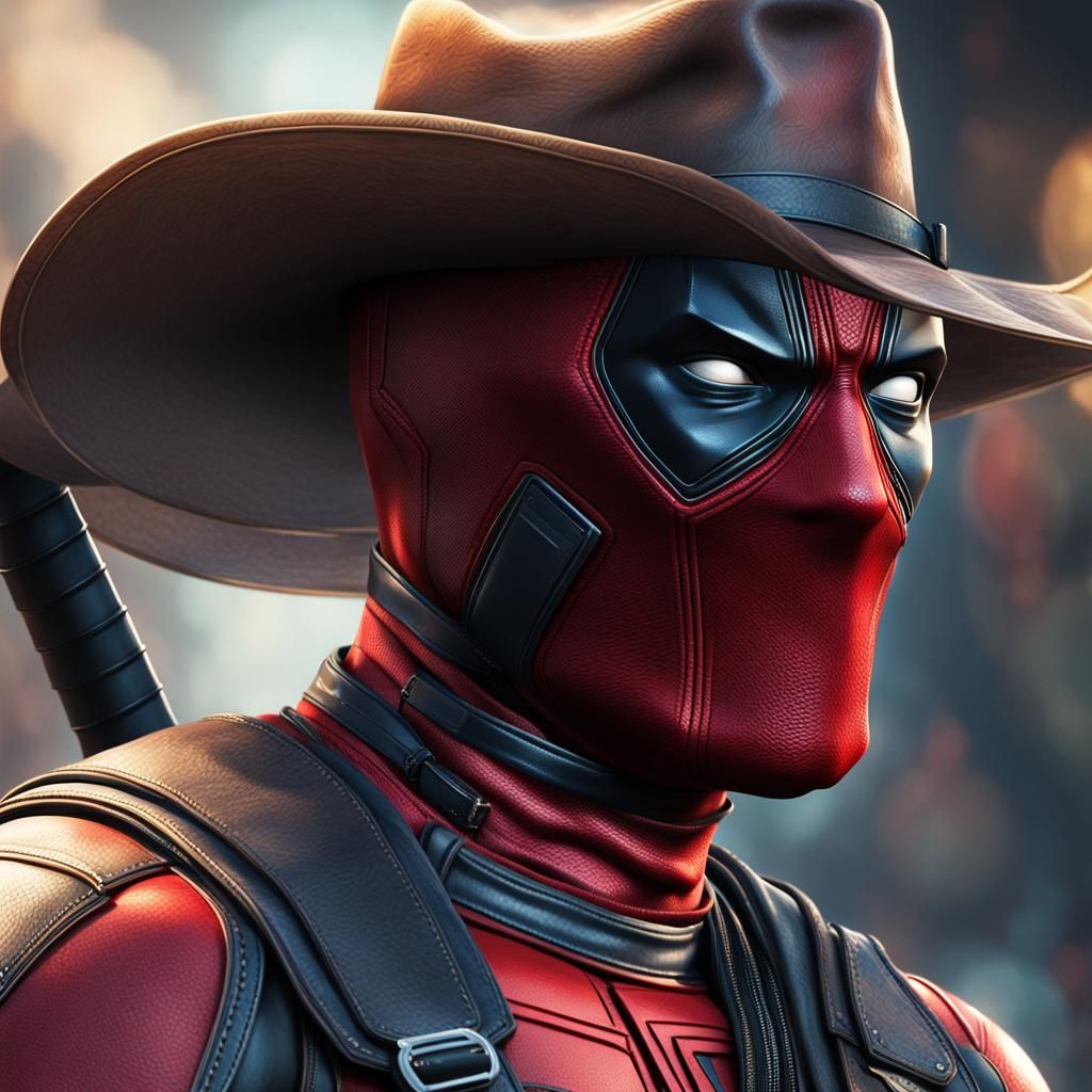 Deadpool Portrait with Cowboy Hat, Hyperdetailed Art