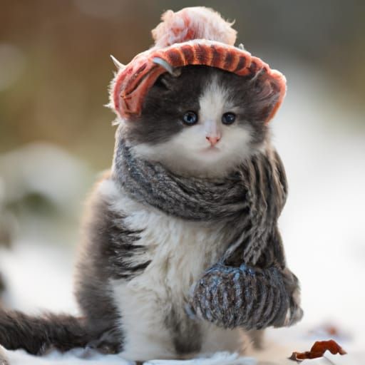 Kitten in Hat and Scarf in Snowy Forest
