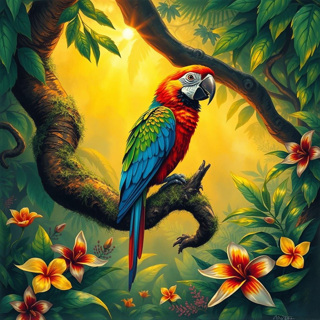 Exotic Parrot in Lush Jungle Landscape