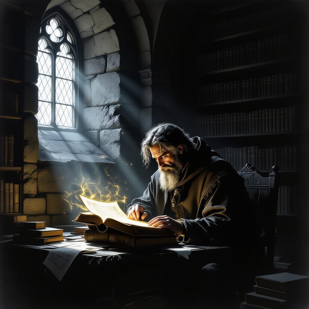 Scholar Uncovers Ancient Tome in Moonlit Library