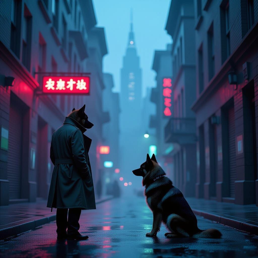 Grizzled Detective Dog in Noir Cityscape