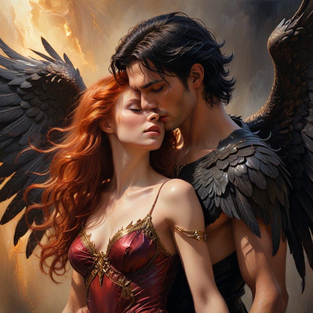 Dark Angel Seduces Mortal Woman: Oil Painting