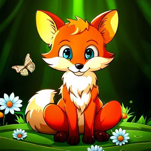 Chibi Fox Dream with Butterflies, Detailed Digital Art