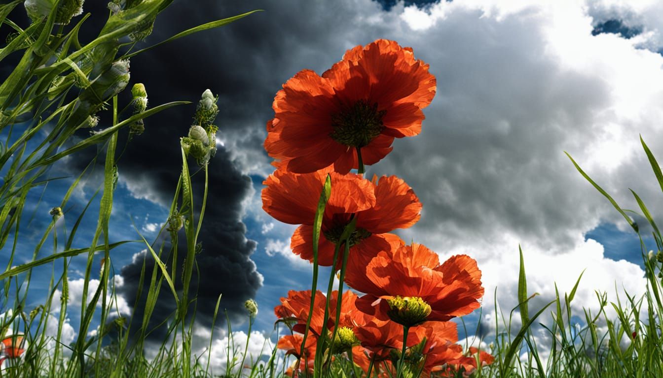 Blooming Flowers Amidst Whispy Clouds in a Green Meadow