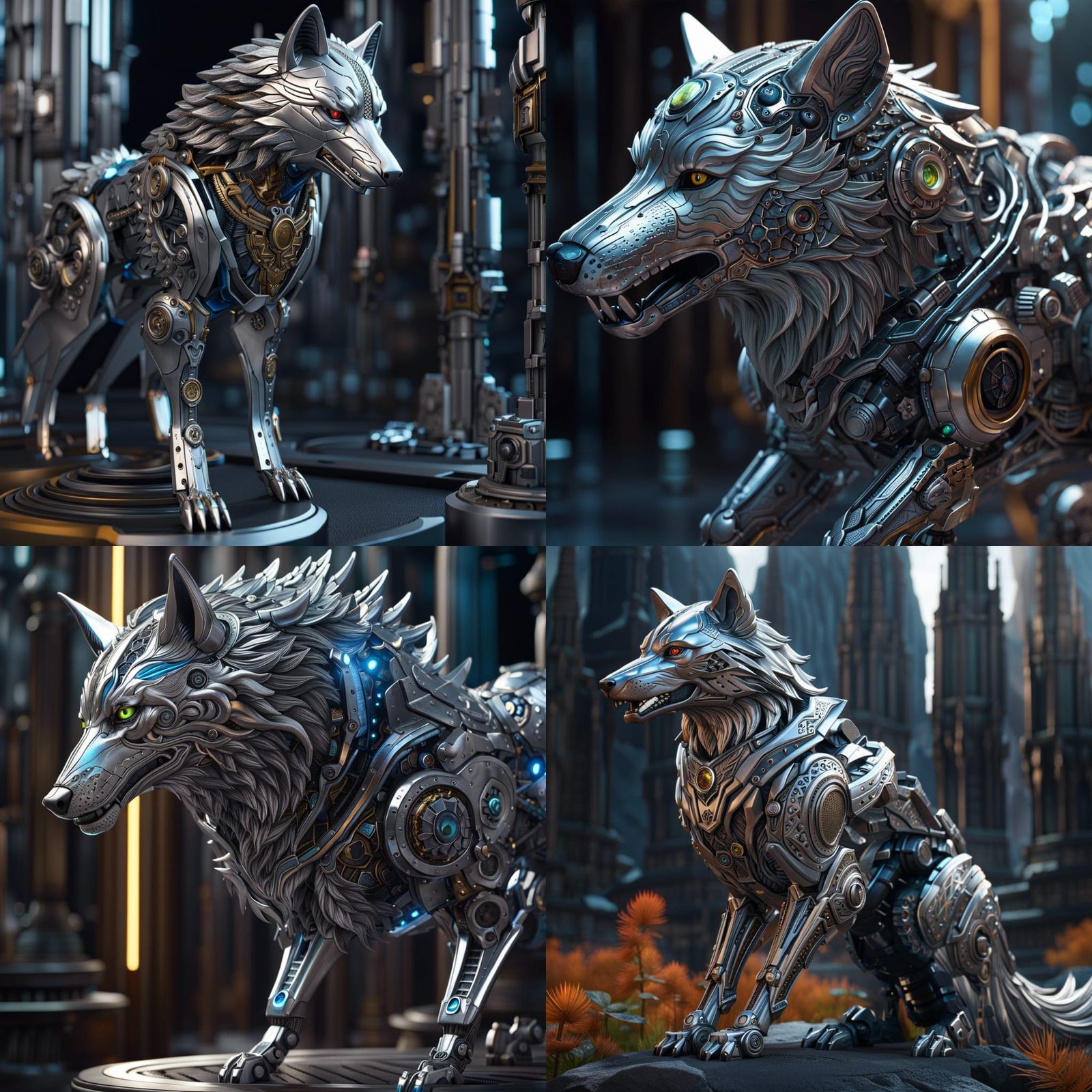 Detailed Silver Robotic Wolf in Fantasy Art Style