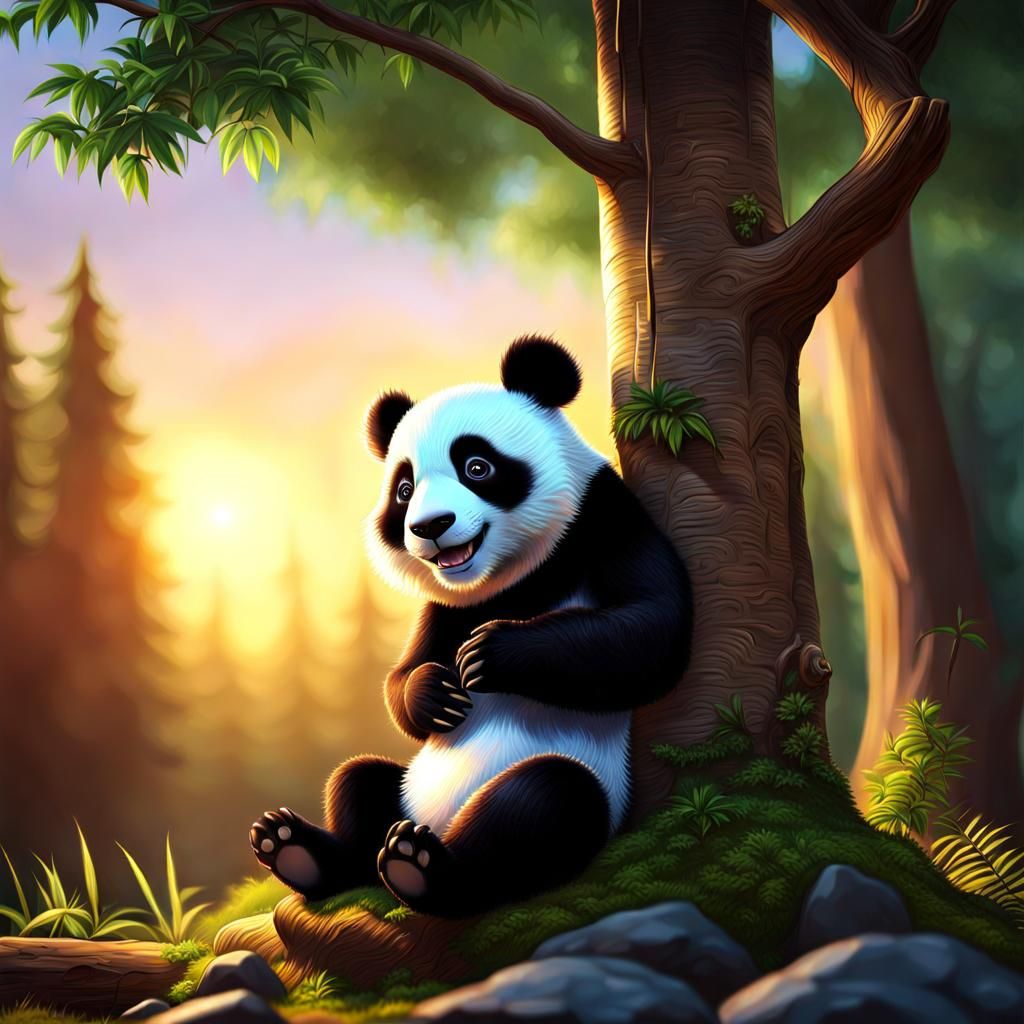 Happy Panda Cub in Forest at Sunrise