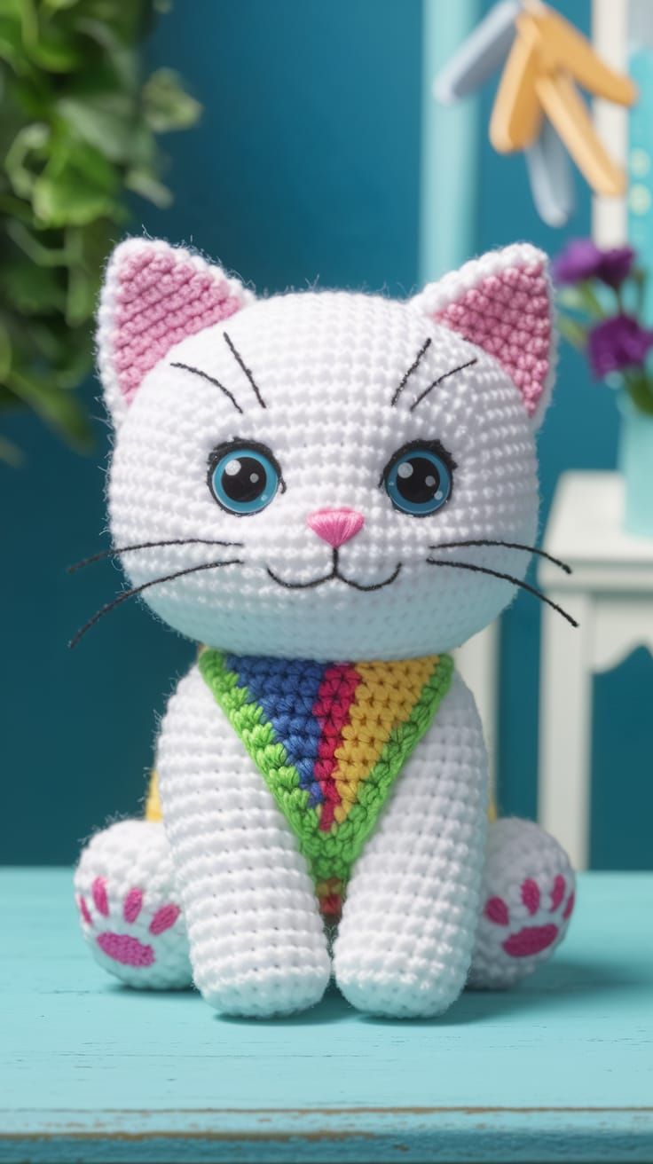 Cute White Kitten Plush Toy in Vibrant Colors