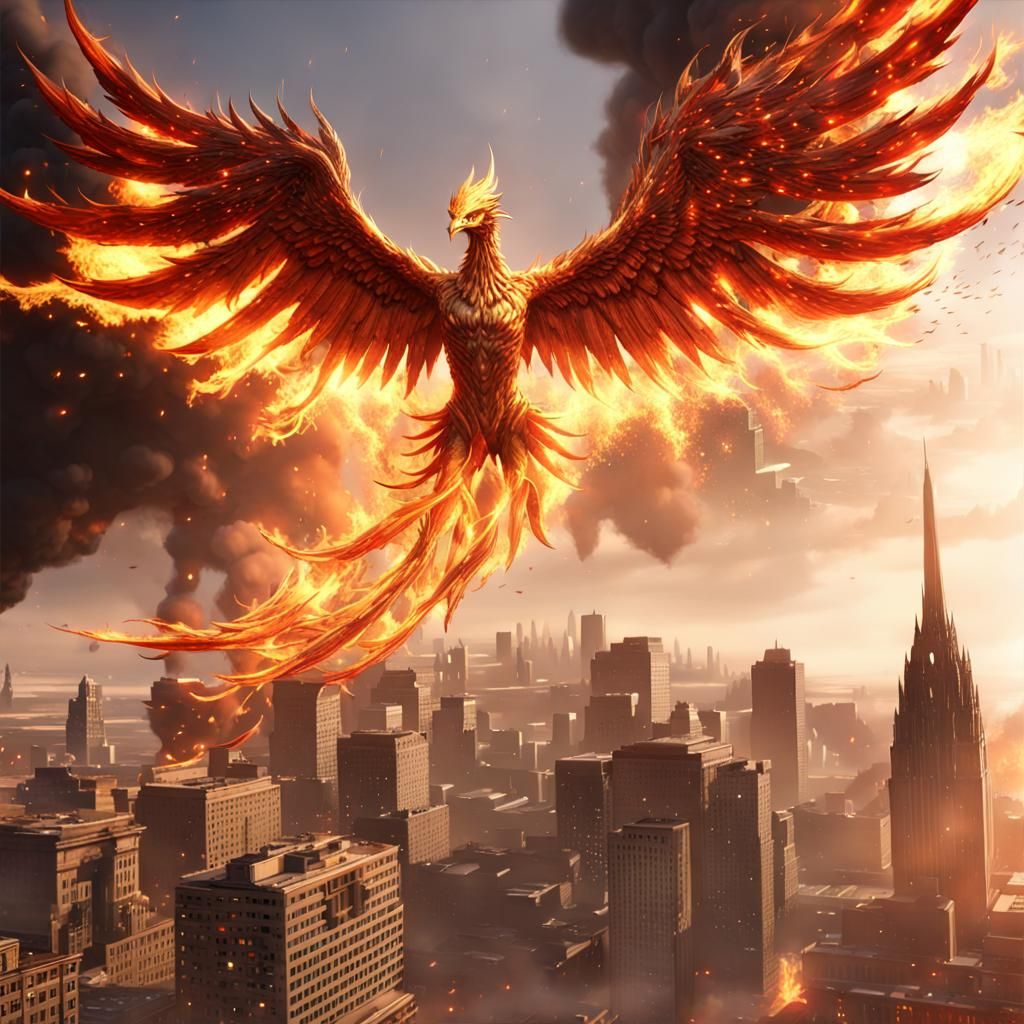 Fiery Phoenix Rises from Burning Gotham City