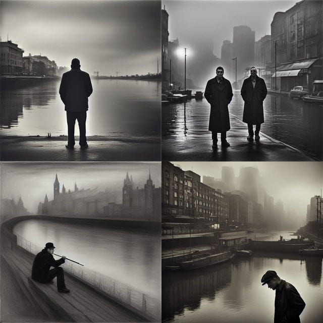 Depressed Man Smokes Near a Polluted River in a Dark, Smoky ...