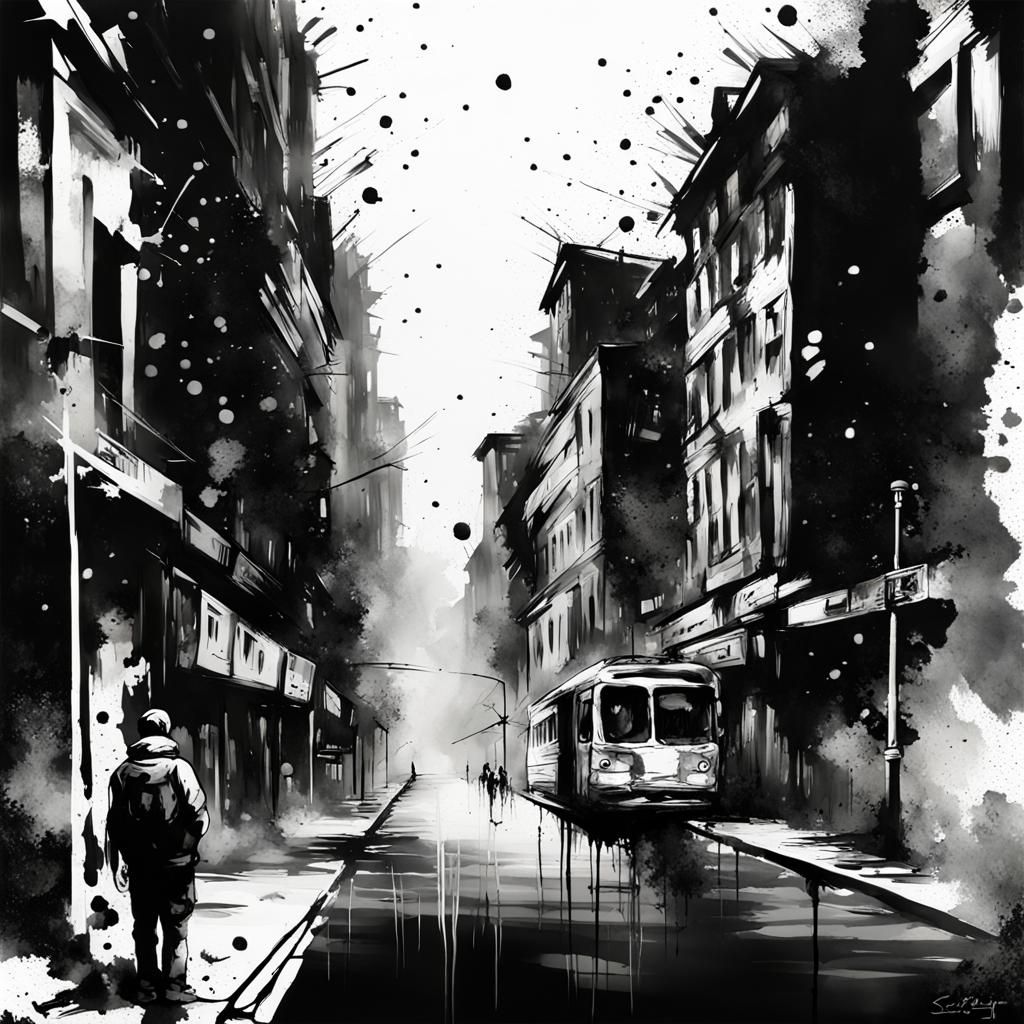 Ink Splatter Cityscape: Graffiti Art on Paper
