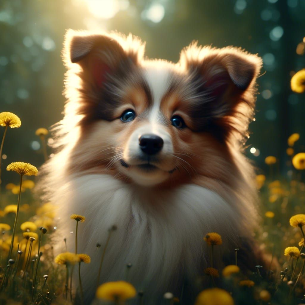 Shetland Sheepdog Puppy Portrait in Bioluminescent Forest