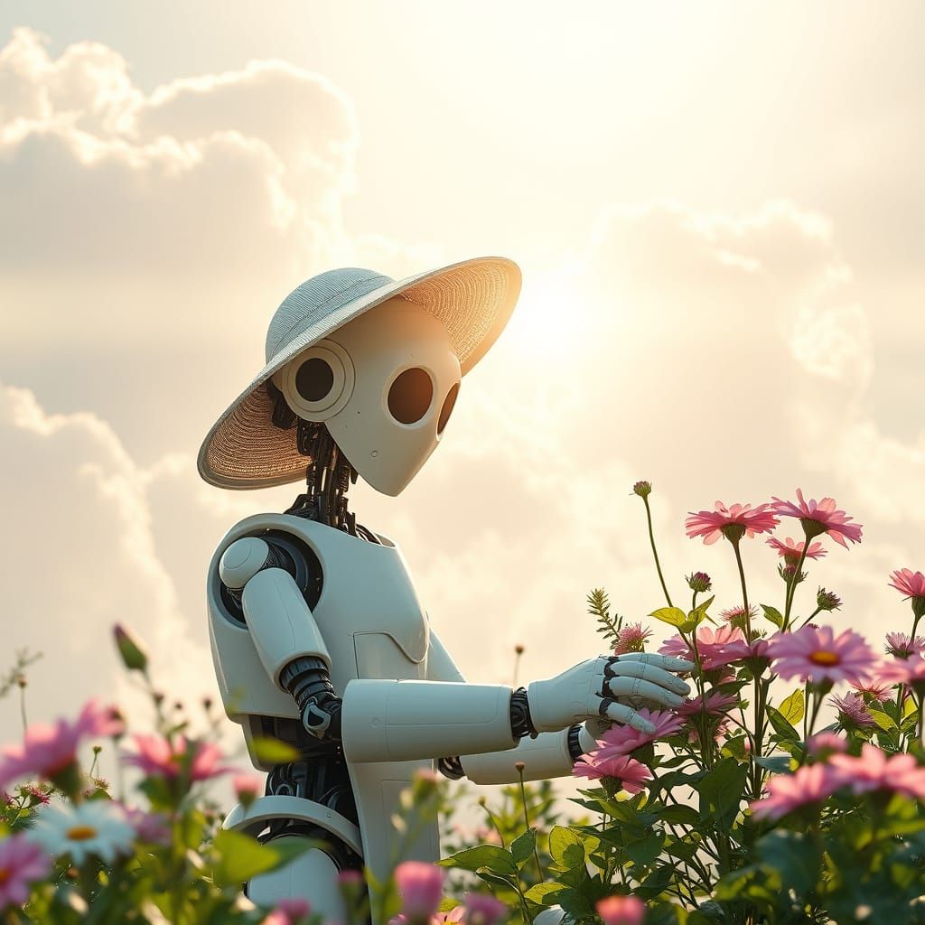 Robot Gardener Pruning Flowers in Ethereal Sunshine