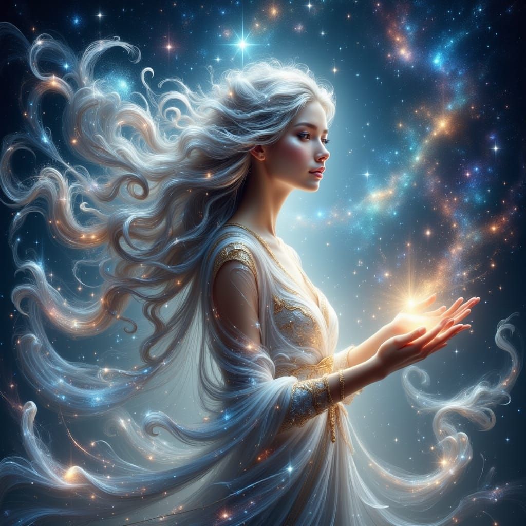 Celestial Maiden Woven From Starlight and Nebula Dust