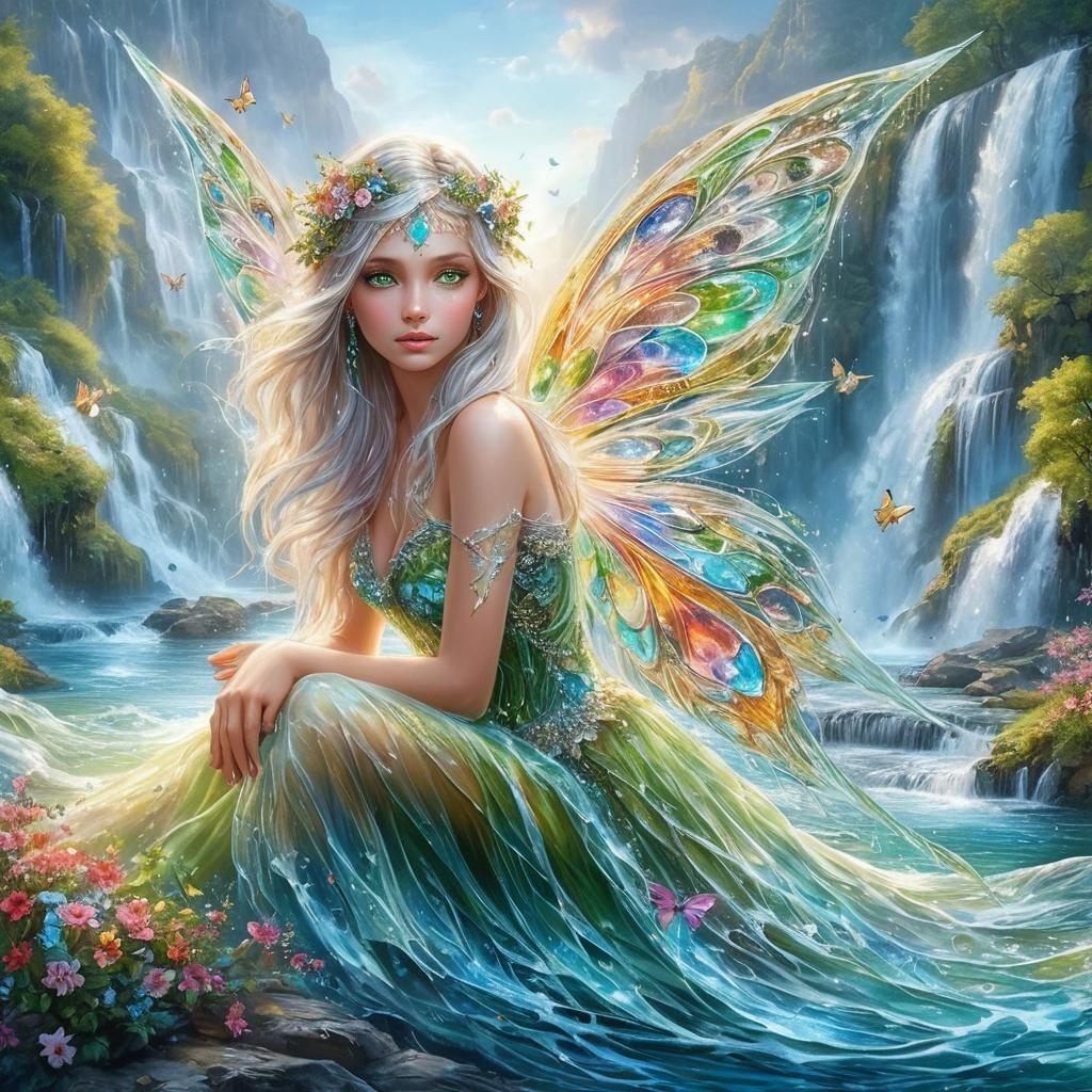 Elegant Waterfall Fairy in Colorful Fantasy Landscape