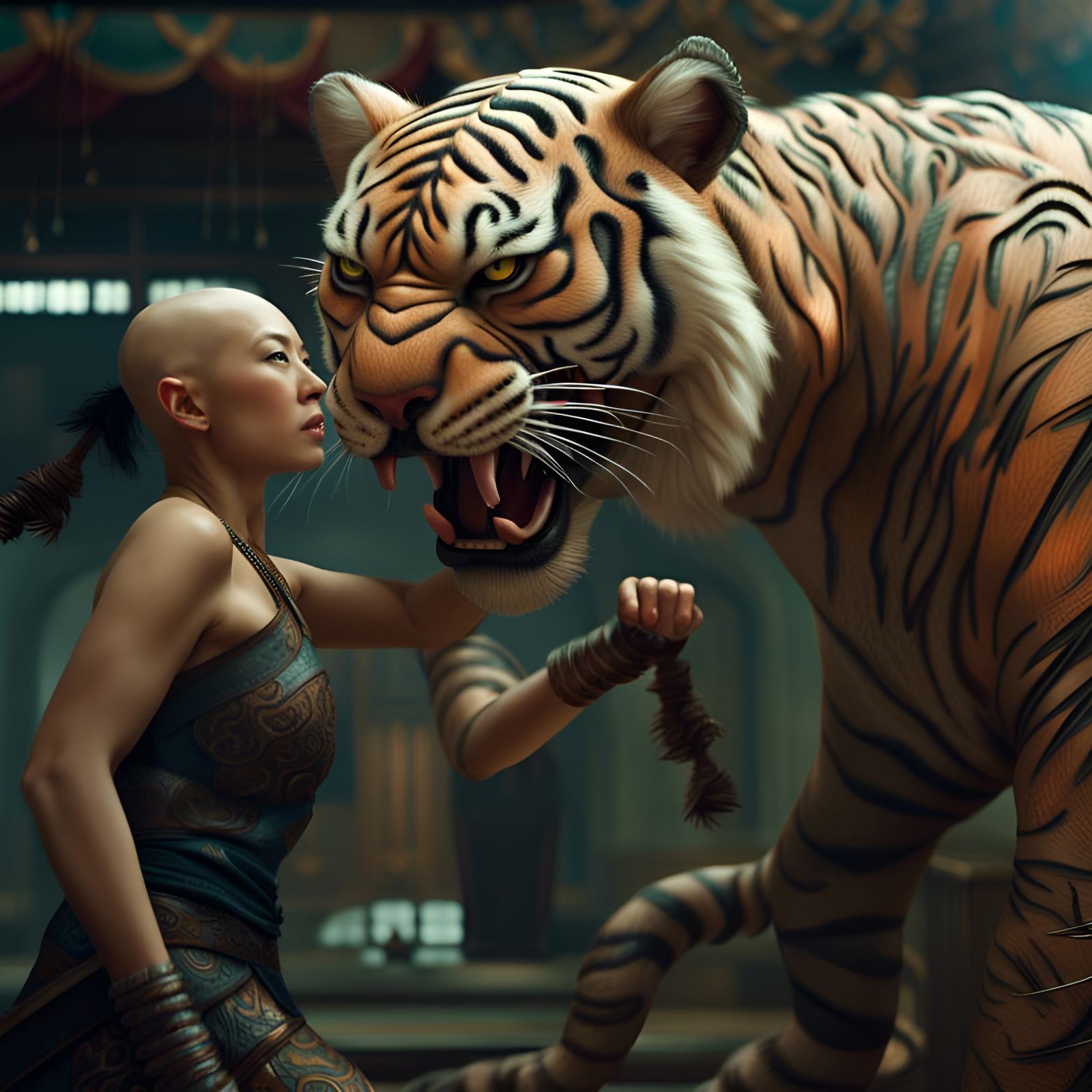 Epic Battle: Woman Fights Tiger in Digital Painting
