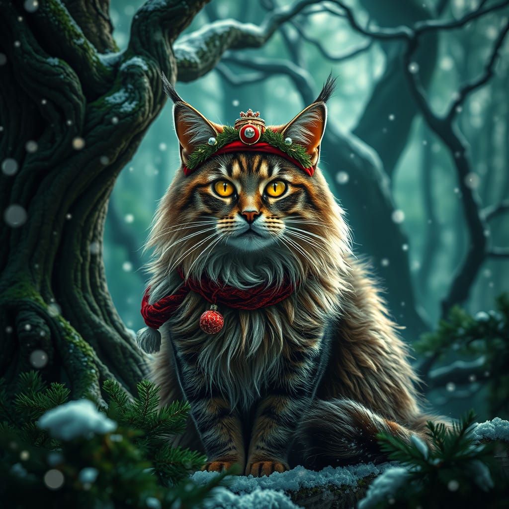 Majestic Viking Christmas Cat in Mystical Forest