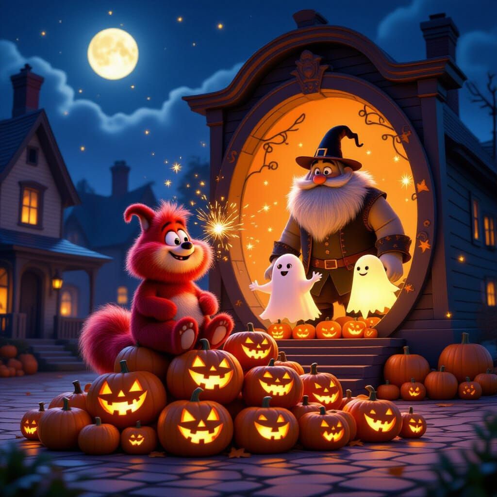 Pixar-Style Halloween Scene: Ronflam Animates Pumpkins