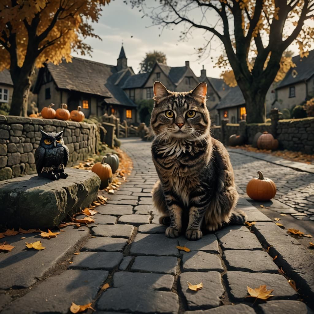Autumn Village Scene with Cat and Owl